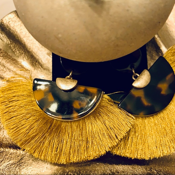 Mustard Tassel and Tortoise Fan Earrings - Picture 2 of 2